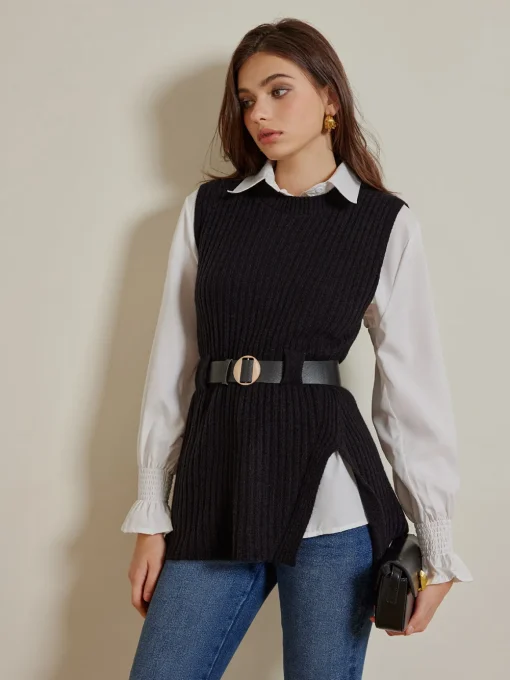 COMMENSE Blouses & Shirts|Tops^Two-Piece Belted Sweater With Polo Shirt Black