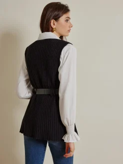 COMMENSE Blouses & Shirts|Tops^Two-Piece Belted Sweater With Polo Shirt Black