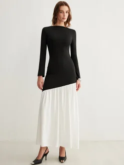 COMMENSE Black Dresses|Cocktail & Party Dresses^Two-Tone Chiffon Panel Jersey Pleated Dress Black