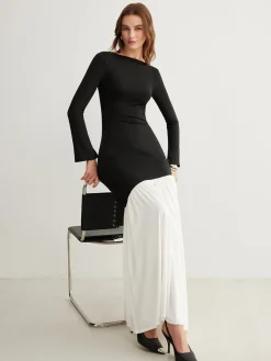 COMMENSE Black Dresses|Cocktail & Party Dresses^Two-Tone Chiffon Panel Jersey Pleated Dress Black