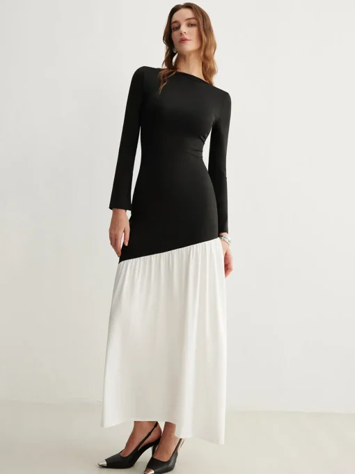 COMMENSE Black Dresses|Cocktail & Party Dresses^Two-Tone Chiffon Panel Jersey Pleated Dress Black