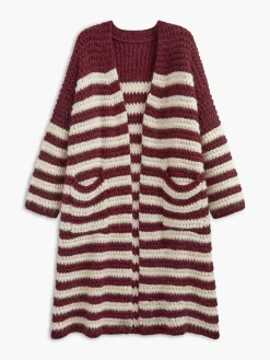 COMMENSE Cardigans|Sweaters & Cardigans^Two-Tone Striped Pockets Long Cardigan Burgundy
