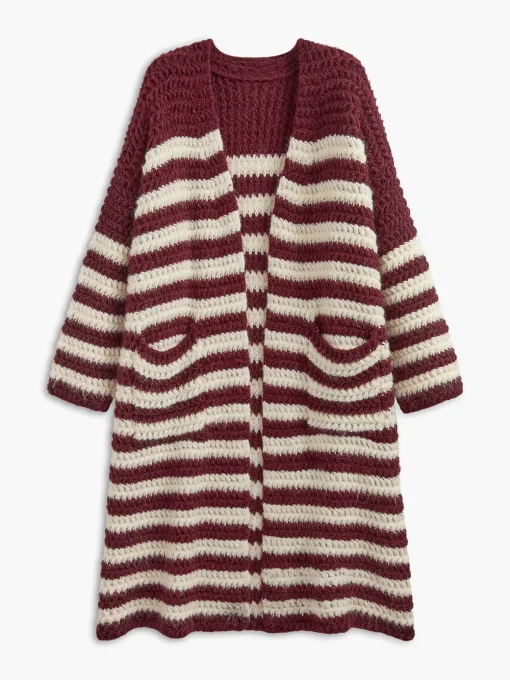 COMMENSE Cardigans|Sweaters & Cardigans^Two-Tone Striped Pockets Long Cardigan Burgundy