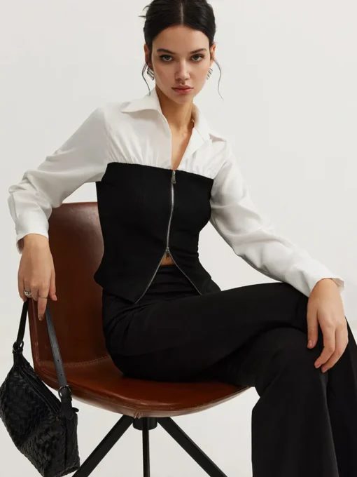COMMENSE Blouses & Shirts|Tops^Two-Way Zip Color Block Polo Shirt Black
