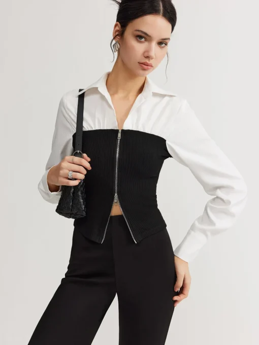 COMMENSE Blouses & Shirts|Tops^Two-Way Zip Color Block Polo Shirt Black