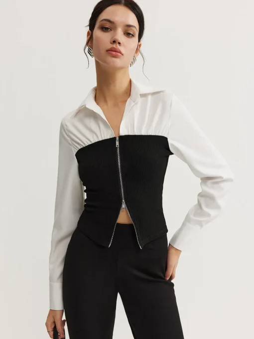 COMMENSE Blouses & Shirts|Tops^Two-Way Zip Color Block Polo Shirt Black