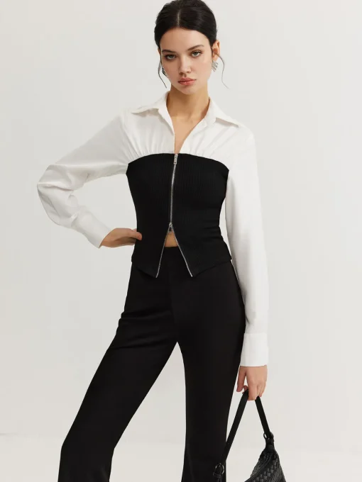 COMMENSE Blouses & Shirts|Tops^Two-Way Zip Color Block Polo Shirt Black