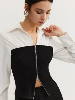 COMMENSE Blouses & Shirts|Tops^Two-Way Zip Color Block Polo Shirt Black