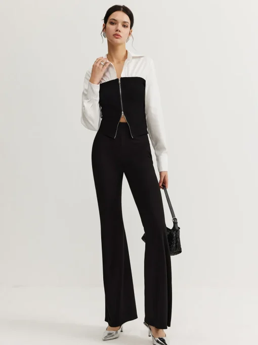 COMMENSE Blouses & Shirts|Tops^Two-Way Zip Color Block Polo Shirt Black