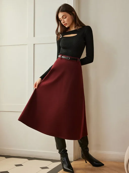 COMMENSE Skirts|Bottoms^Umbrella Shape Belted Skirt Burgundy
