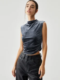 COMMENSE Crop Tops|T-shirts^Velvet Draped Mock Neck Sleeveless Crop Top Blue