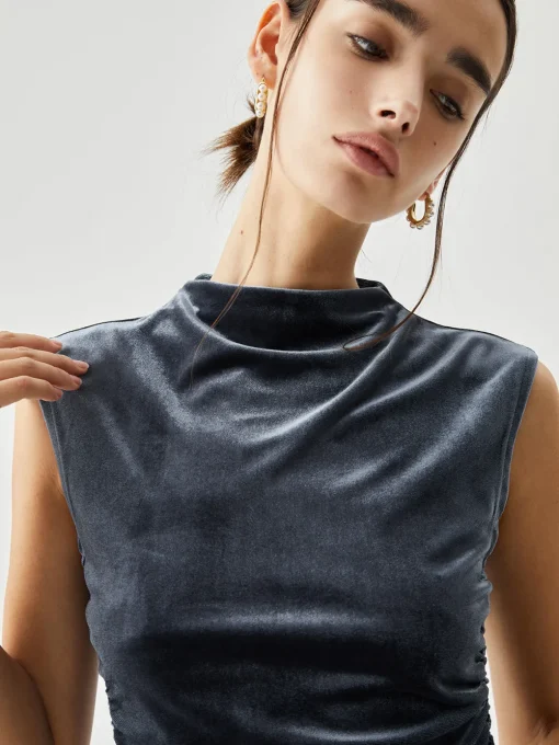 COMMENSE Crop Tops|T-shirts^Velvet Draped Mock Neck Sleeveless Crop Top Blue