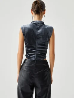COMMENSE Crop Tops|T-shirts^Velvet Draped Mock Neck Sleeveless Crop Top Blue