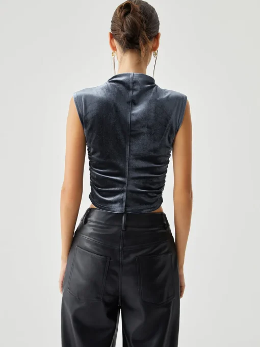 COMMENSE Crop Tops|T-shirts^Velvet Draped Mock Neck Sleeveless Crop Top Blue