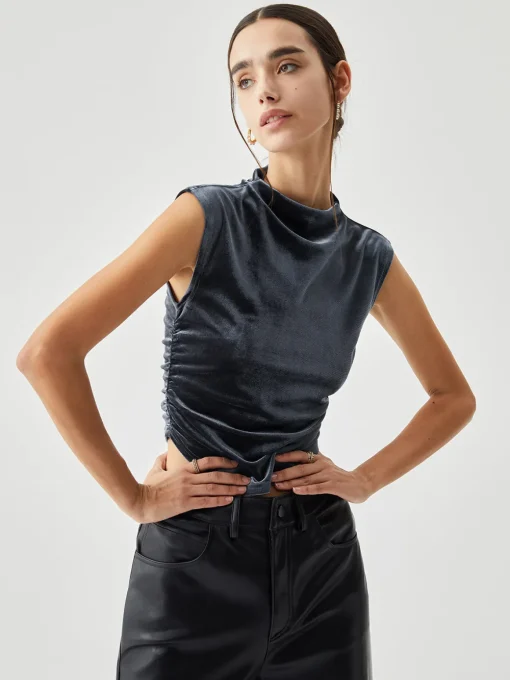 COMMENSE Crop Tops|T-shirts^Velvet Draped Mock Neck Sleeveless Crop Top Blue