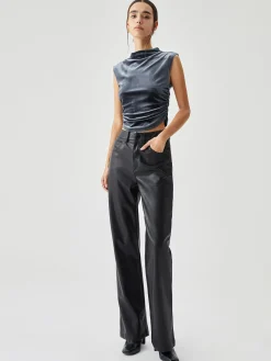 COMMENSE Crop Tops|T-shirts^Velvet Draped Mock Neck Sleeveless Crop Top Blue
