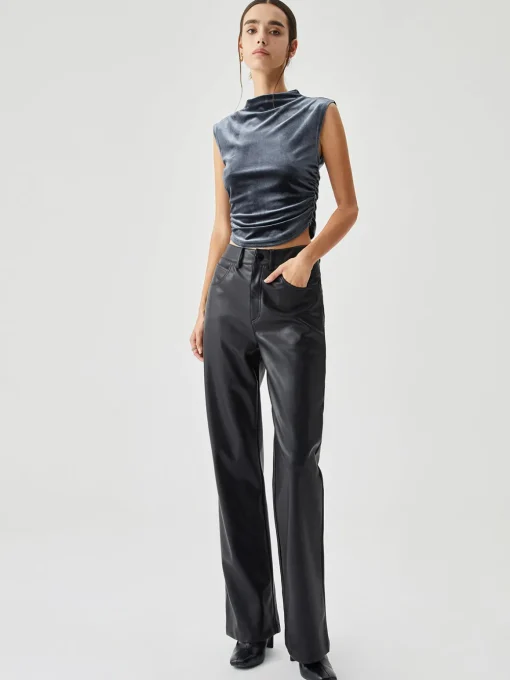 COMMENSE Crop Tops|T-shirts^Velvet Draped Mock Neck Sleeveless Crop Top Blue