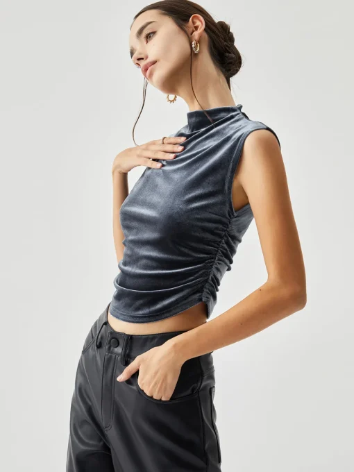 COMMENSE Crop Tops|T-shirts^Velvet Draped Mock Neck Sleeveless Crop Top Blue