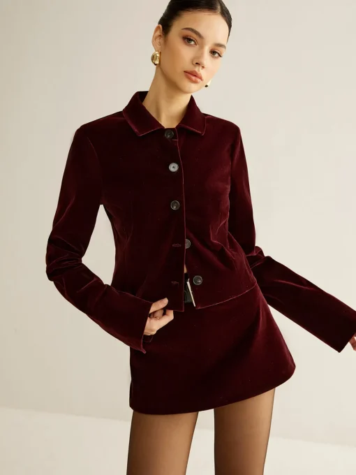 COMMENSE Outerwear|Blazers^Velvet Lapel Short Blazer Burgundy