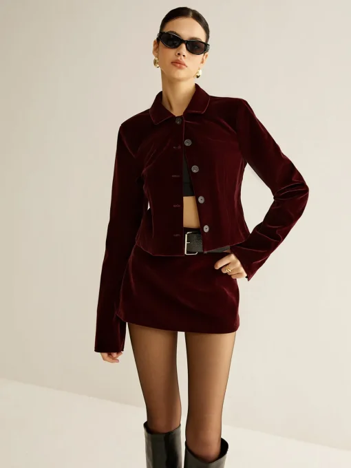 COMMENSE Outerwear|Blazers^Velvet Lapel Short Blazer Burgundy