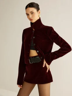 COMMENSE Outerwear|Blazers^Velvet Lapel Short Blazer Burgundy