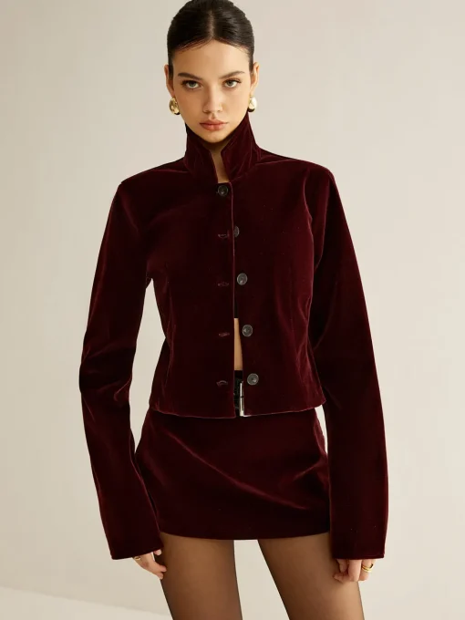 COMMENSE Outerwear|Blazers^Velvet Lapel Short Blazer Burgundy