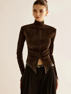 COMMENSE T-shirts|Tops^Velvet Mock-Neck Slit T-Shirt DarkBrown