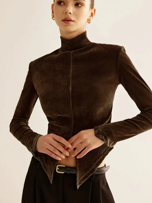 COMMENSE T-shirts|Tops^Velvet Mock-Neck Slit T-Shirt DarkBrown