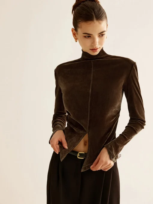 COMMENSE T-shirts|Tops^Velvet Mock-Neck Slit T-Shirt DarkBrown