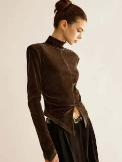 COMMENSE T-shirts|Tops^Velvet Mock-Neck Slit T-Shirt DarkBrown