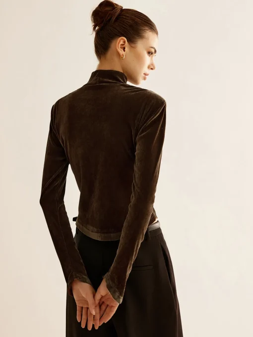 COMMENSE T-shirts|Tops^Velvet Mock-Neck Slit T-Shirt DarkBrown