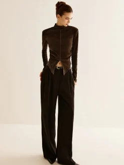 COMMENSE T-shirts|Tops^Velvet Mock-Neck Slit T-Shirt DarkBrown