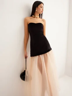 COMMENSE Cocktail & Party Dresses|Long Dresses^Velvet Panel Mesh Tube Dress Black
