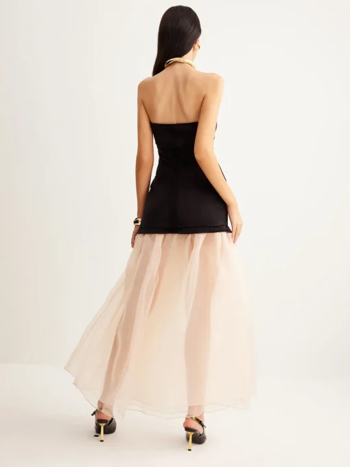 COMMENSE Cocktail & Party Dresses|Long Dresses^Velvet Panel Mesh Tube Dress Black
