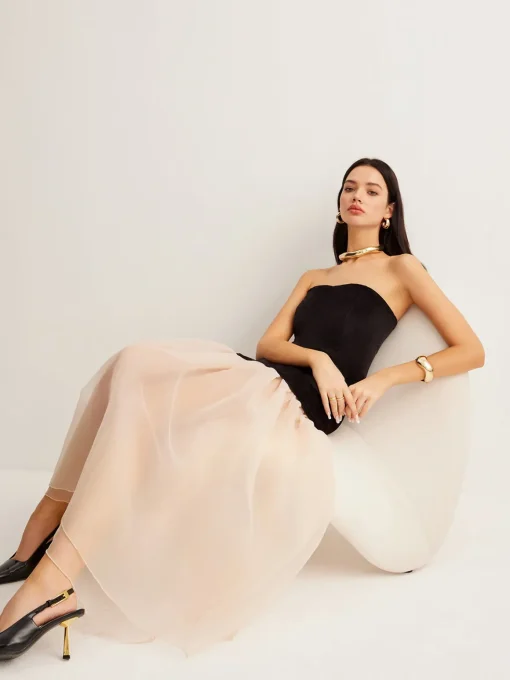 COMMENSE Cocktail & Party Dresses|Long Dresses^Velvet Panel Mesh Tube Dress Black