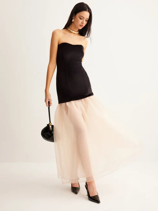 COMMENSE Cocktail & Party Dresses|Long Dresses^Velvet Panel Mesh Tube Dress Black