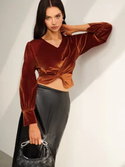 COMMENSE Blouses & Shirts|Tops^Velvet Pleated Slim Blouse Brown