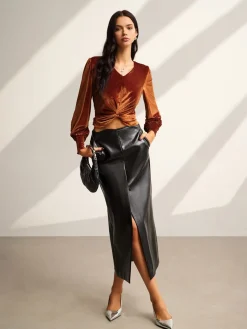 COMMENSE Blouses & Shirts|Tops^Velvet Pleated Slim Blouse Brown