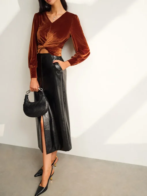 COMMENSE Blouses & Shirts|Tops^Velvet Pleated Slim Blouse Brown