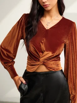 COMMENSE Blouses & Shirts|Tops^Velvet Pleated Slim Blouse Brown