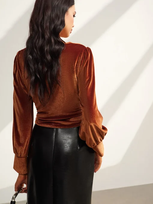 COMMENSE Blouses & Shirts|Tops^Velvet Pleated Slim Blouse Brown