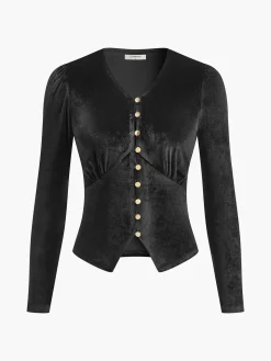 COMMENSE T-shirts|Tops^Velvet Split Button Top Black
