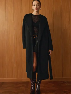 COMMENSE Outerwear|Coats^Versatile Belted Warm Coat With Scarf Black