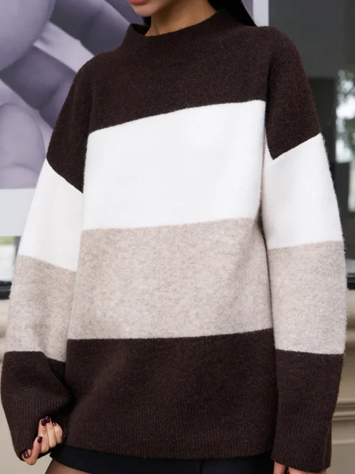 COMMENSE Sweater Tops|Sweaters & Cardigans^Versatile Color Block Pullover Sweater DarkBrown