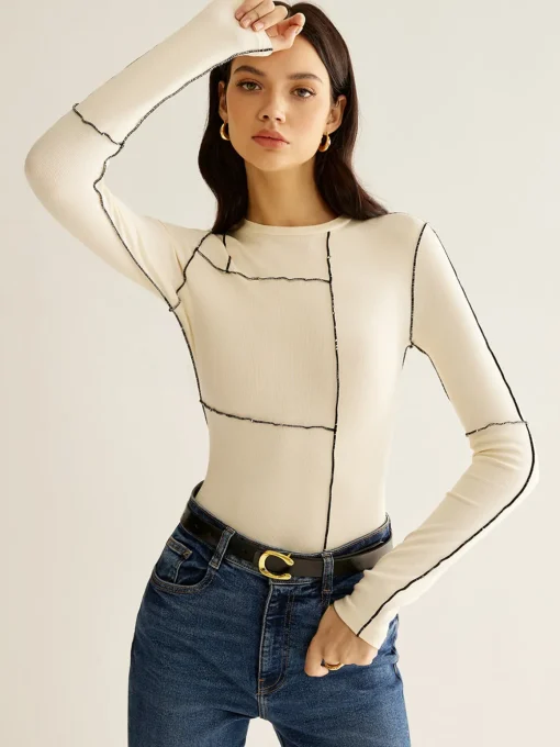 COMMENSE Blouses & Shirts|Tops^Versatile Contrast Piping Jersey Blouse Off-White
