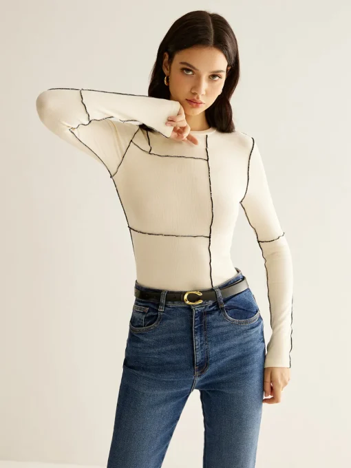 COMMENSE Blouses & Shirts|Tops^Versatile Contrast Piping Jersey Blouse Off-White