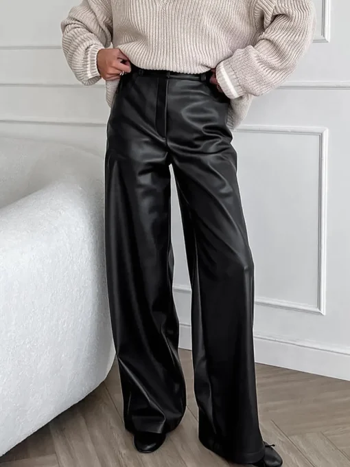 COMMENSE Pants|Bottoms^Versatile Faux Leather Pants Black