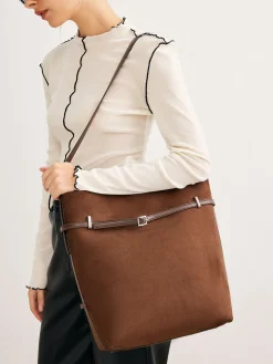 COMMENSE Bags|Accessories^Versatile Suede Buckle Bucket Bag DarkBrown