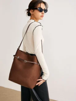 COMMENSE Bags|Accessories^Versatile Suede Buckle Bucket Bag DarkBrown
