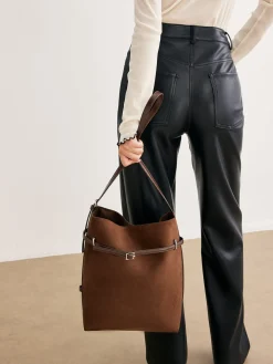 COMMENSE Bags|Accessories^Versatile Suede Buckle Bucket Bag DarkBrown
